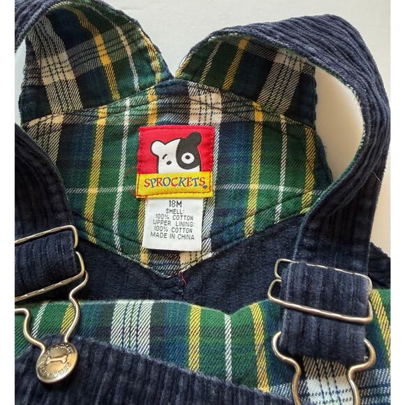 Adorable Vintage 90s Baby Overalls 18M Corduroy Navy Plaid Retro Sprockets - Picture 2 of 7
